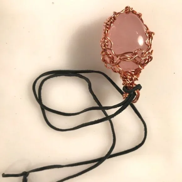 Rose Quartz Gemstone Solid Copper Pendant Unisex Genuine Leather Necklace Reiki
